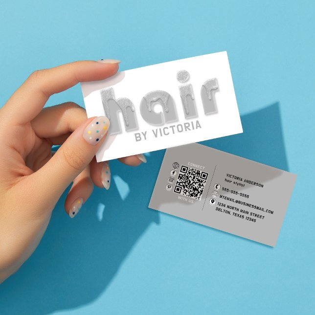 Silver Hair Glitter Drips Typography Stylist Salon Business Card (Creator Uploaded)