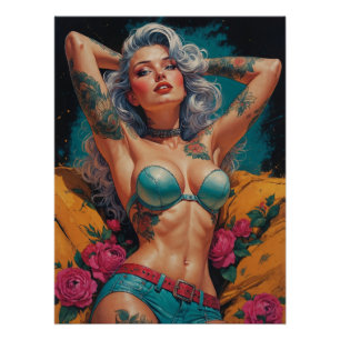 Silver Haired Pin-Up Floral Tattoo Leather Outfit  Poster