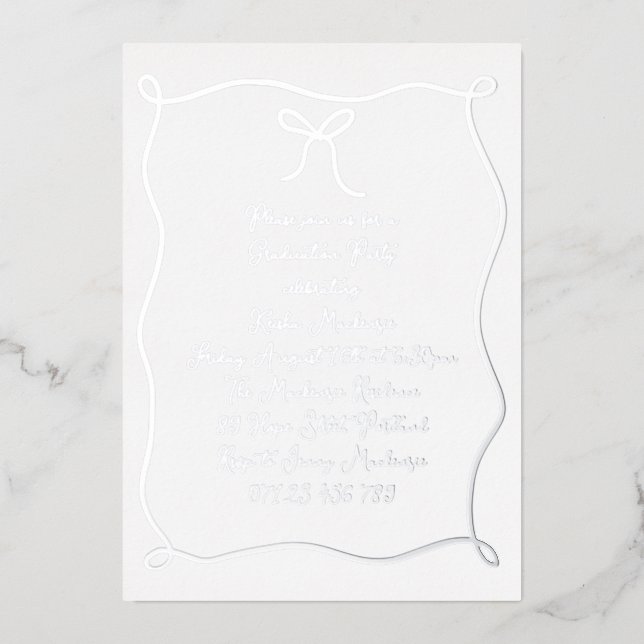 Silver Hand Drawn Bow Photo Graduation Party Foil Invitation (Front)