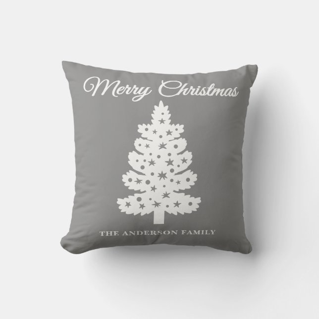 Silver Handwritten Script Christmas Tree Throw Pillow (Front)
