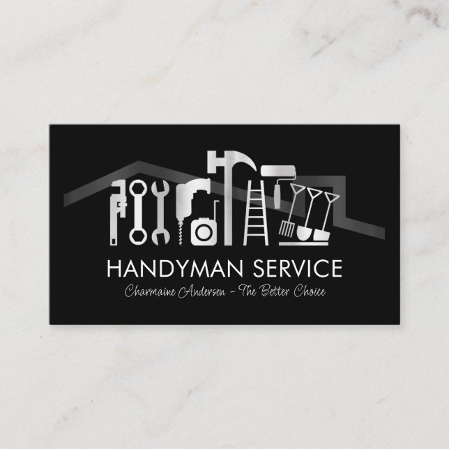 Silver Handyman Tools On Rooftop Business Card (Front)