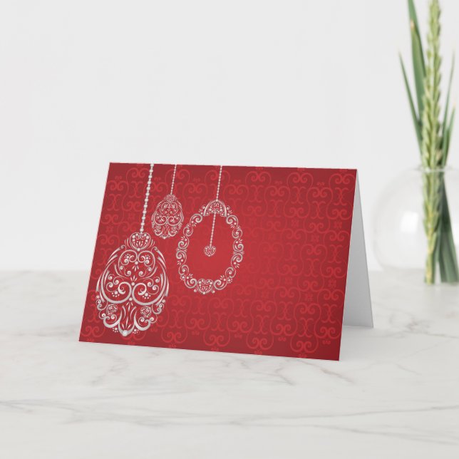 Silver hanging Easter eggs against a rich red back Holiday Card (Front)