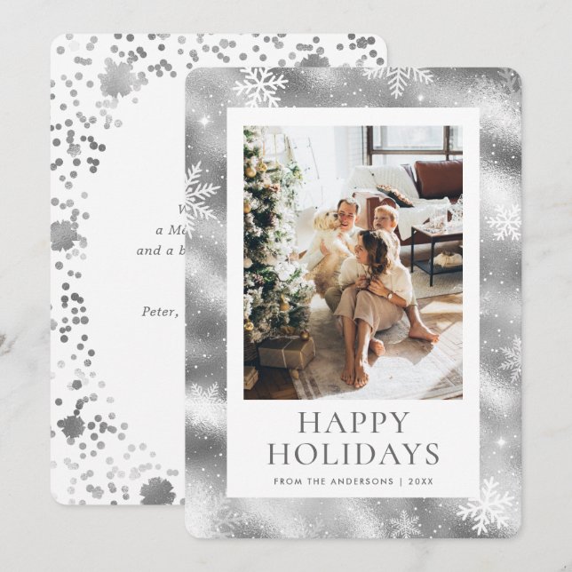 Silver Happy Holidays Snowflake Snow Photo Holiday Card (Front/Back)