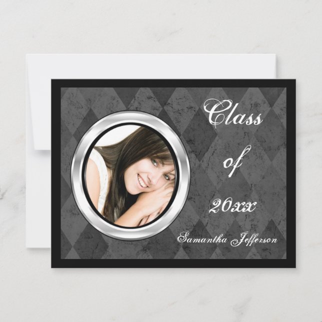 Silver Harlequin Round Frame Photo Graduation Invitation (Front)