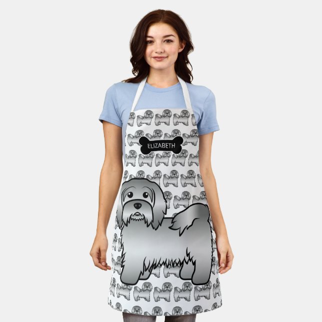 Silver Havanese Cartoon Dog Illustration & Name Apron (Worn)