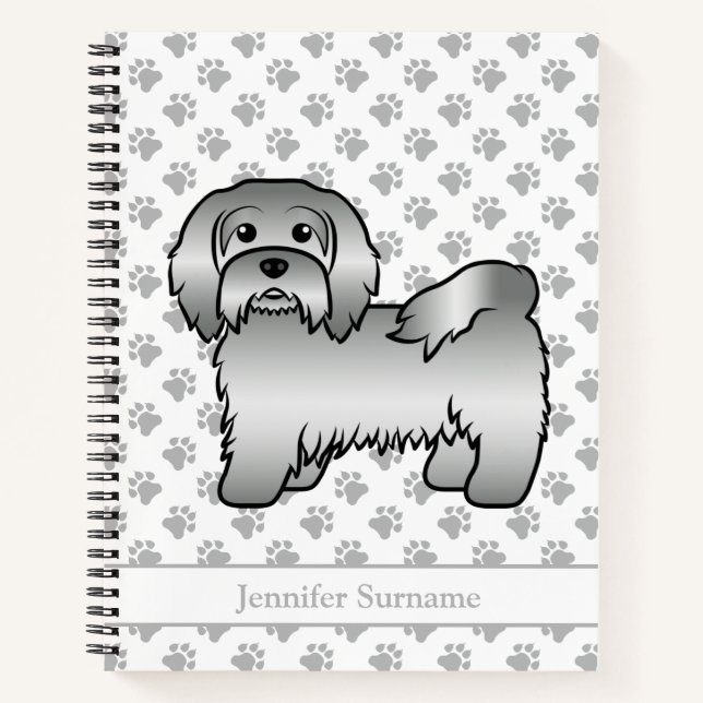 Silver Havanese Cartoon Dog Illustration & Name Notebook (Front)