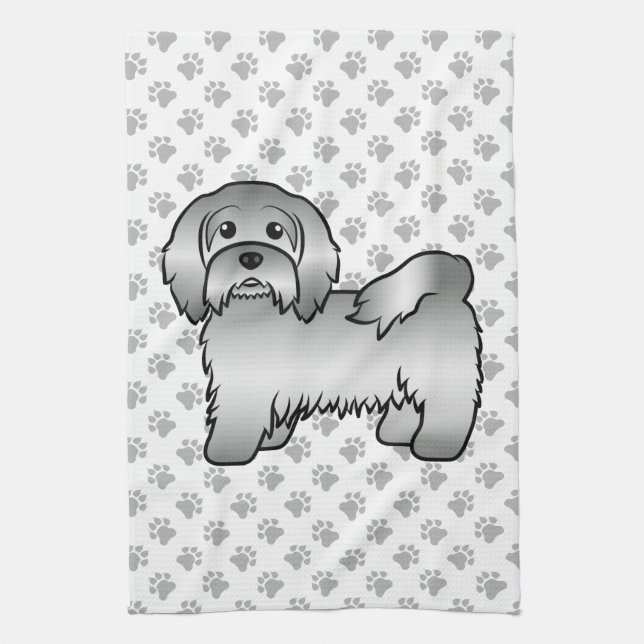 Silver Havanese Cute Cartoon Dog Illustration Kitchen Towel (Vertical)