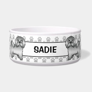 Silver Havanese Cute Cartoon Dog & Paws & Name Bowl