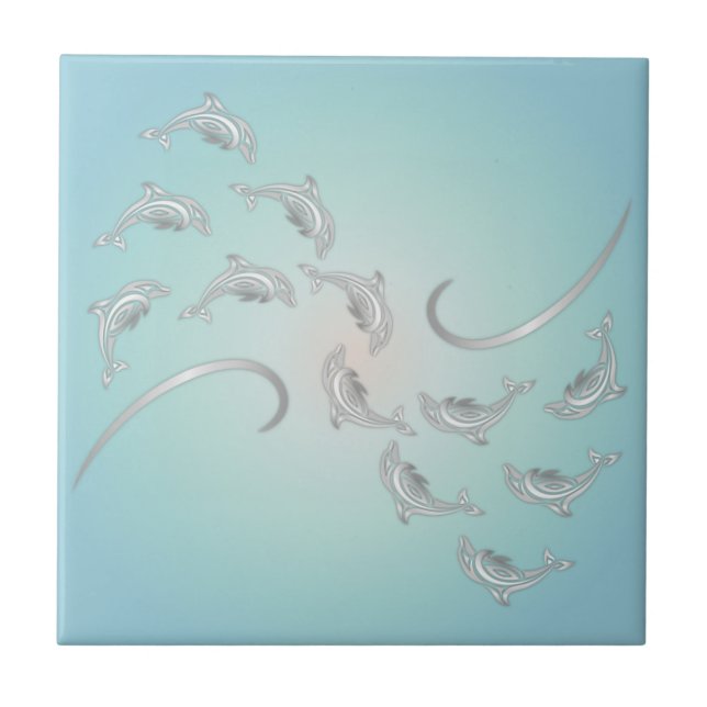 "Silver Hawaiian Waves" | Modern Coastal Ceramic Tile (Front)