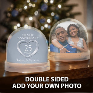 Silver heart 25th wedding anniversary custom name snow globe
