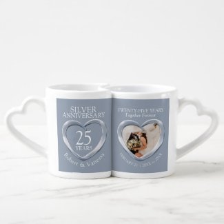 Silver heart 25th wedding anniversary custom photo coffee mug set