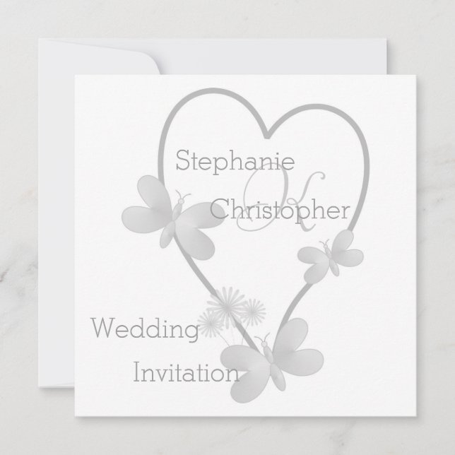 Silver Heart And Butterflies Monogrammed Wedding Invitation (Front)