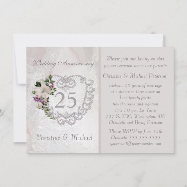 Silver heart and lily 25th Wedding Anniversary Invitation (Front)
