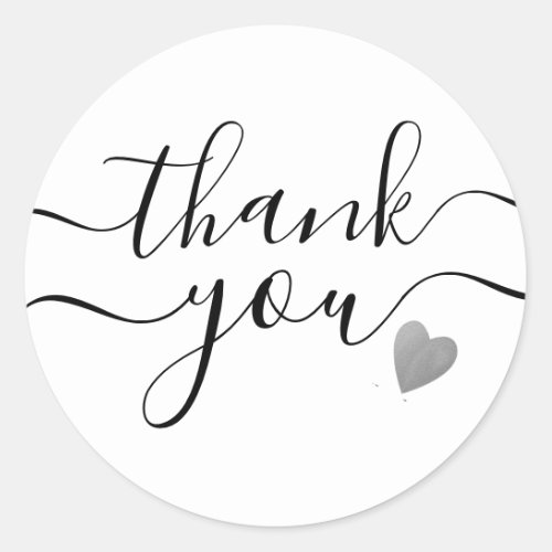 Silver Heart Black And White Thank You Classic Round Sticker