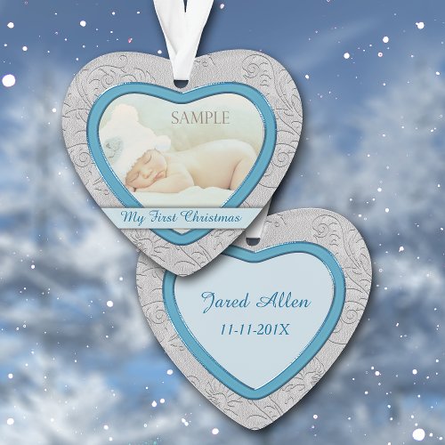 Silver Heart Blue Baby Boy First Christmas Ornament