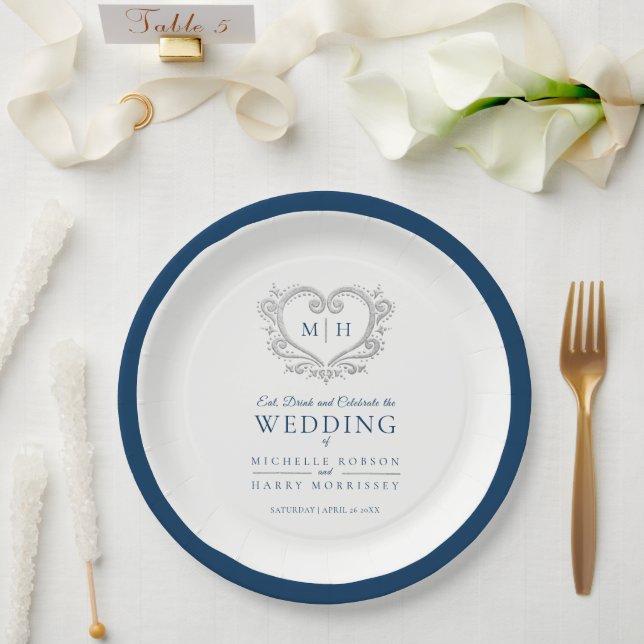 Silver heart blue wreath monogram wedding  paper plates (Wedding)