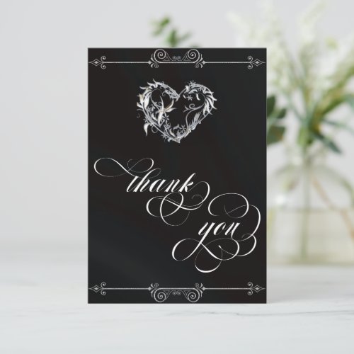 Silver Heart & Calligraphy on Black/White Thank You Card