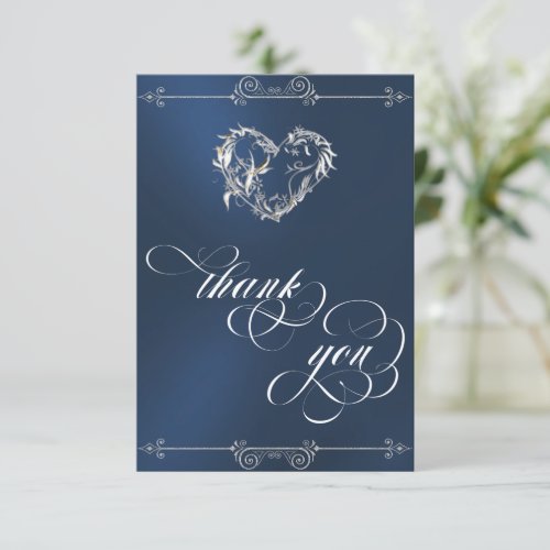 Silver Heart & Calligraphy on Blue/White Thank You Card