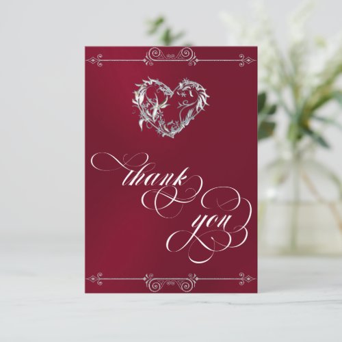 Silver Heart & Calligraphy on Burgundy/White Thank You Card