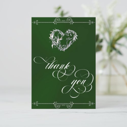 Silver Heart & Calligraphy on Emerald/White Thank You Card