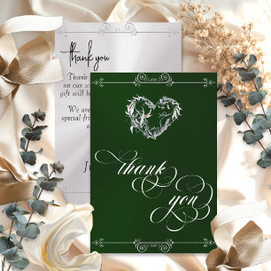 Silver Heart & Calligraphy on Emerald/White Thank You Card