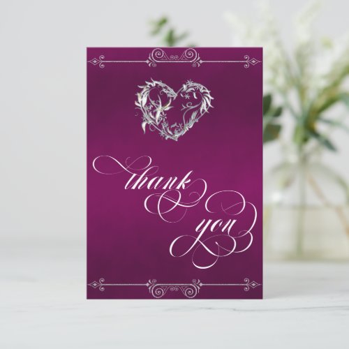 Silver Heart & Calligraphy on Plum/White Thank You Card