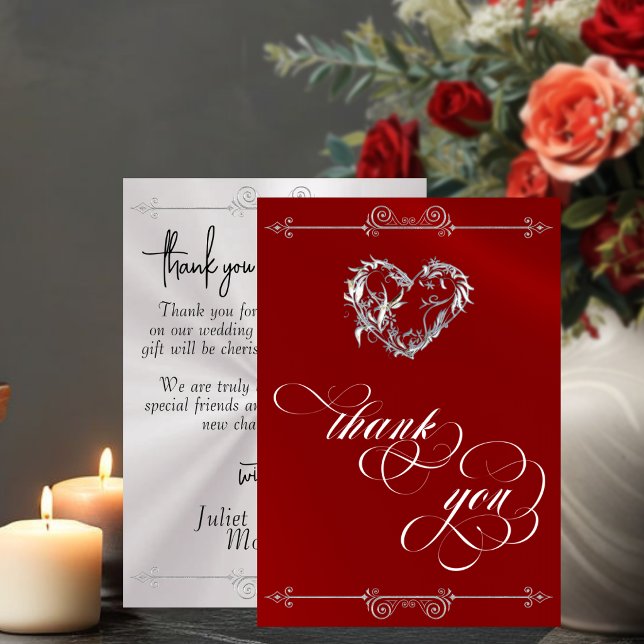 Silver Heart & Calligraphy on Red/White Thank You Card (Creator Uploaded)