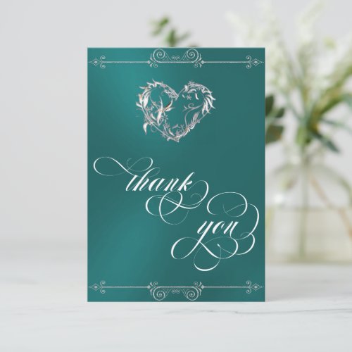 Silver Heart & Calligraphy on Teal/White Thank You Card