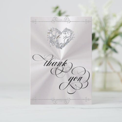 Silver Heart & Calligraphy on White Thank You Card