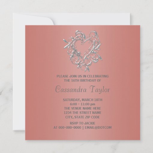 Silver Heart Coral Sweet Sixteen Birthday Invitation Zazzle