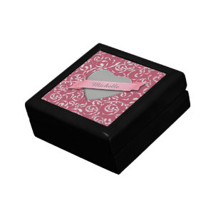 Silver Heart Damask on Pink Personalized Gift Box