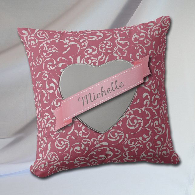 Silver Heart Damask on Pink Personalized Throw Pillow (Creator Uploaded)