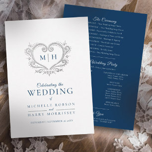 Silver heart dark blue and white wedding program