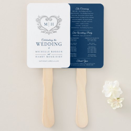 Silver heart dark blue and white wedding program hand fan