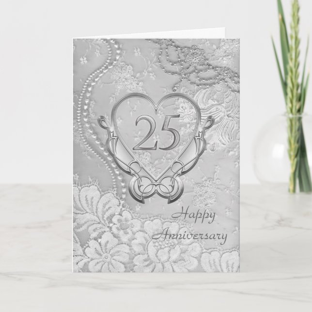 Silver heart, floral lace 25th Wedding Anniversary Card (Front)