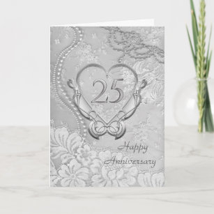 Silver heart, floral lace 25th Wedding Anniversary Card