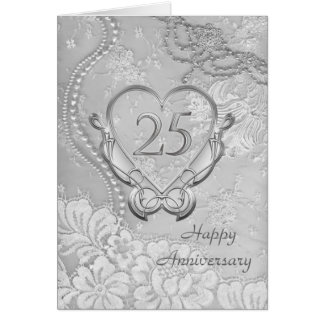 Silver heart, floral lace 25th Wedding Anniversary Card