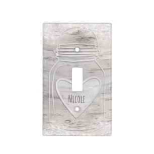 Silver Heart Mason Jar & Lights Birch Tree Wood Light Switch Cover
