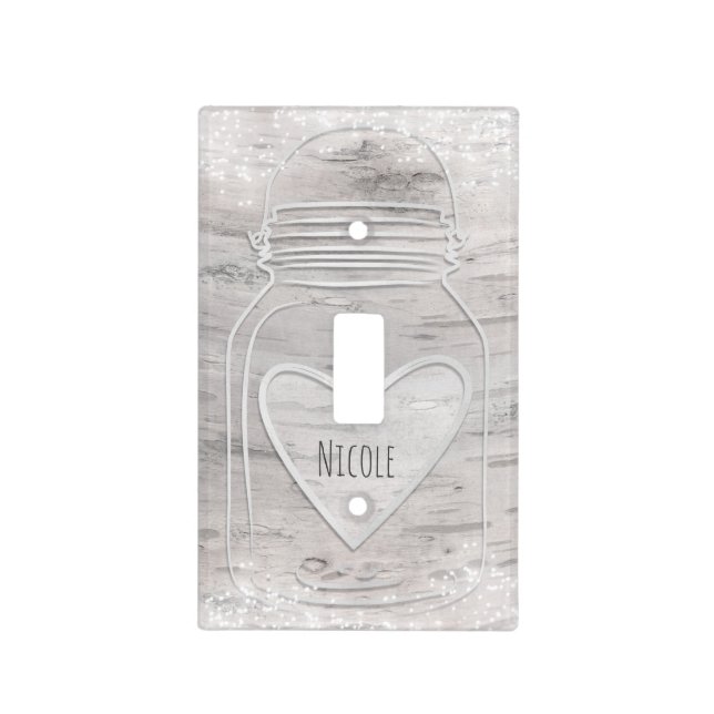 Silver Heart Mason Jar & Lights Birch Tree Wood Light Switch Cover (Front)
