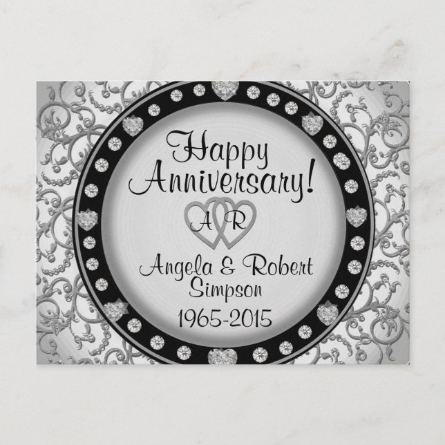 Silver Heart Monogram | Anniversary Invitation Postcard (Front)