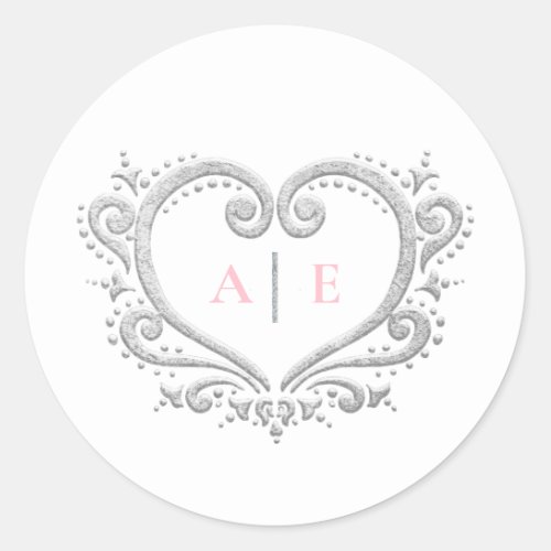 Silver heart monogram pink text on white wedding classic round sticker