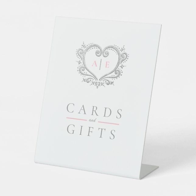 Silver heart monogram pink wedding cards and gifts pedestal sign (Front)