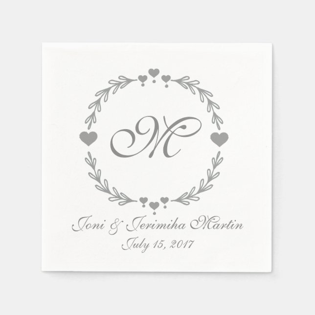 Silver Heart Monogramed Wedding Napkins (Front)