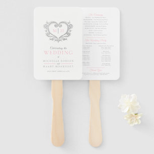 Silver heart pink and white wedding program hand fan