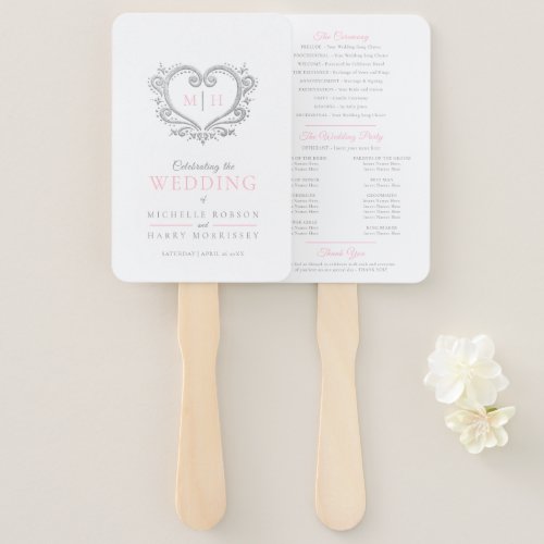 Silver heart pink and white wedding program hand fan