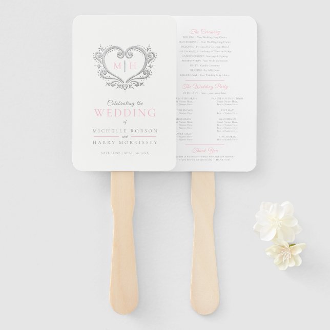 Silver heart pink and white wedding program hand fan (Front and Back)