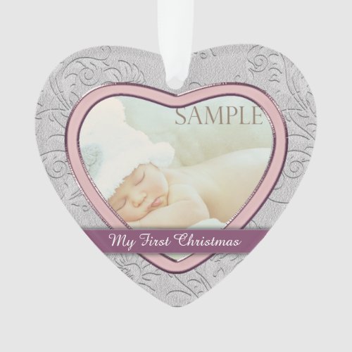 Silver Heart Pink Baby Girl First Christmas Ornament