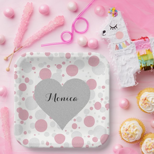 Silver Heart Pink Bridal Shower Polka Dots Party Paper Plates (Party)