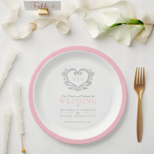 Silver heart pink wreath monogram wedding paper plates