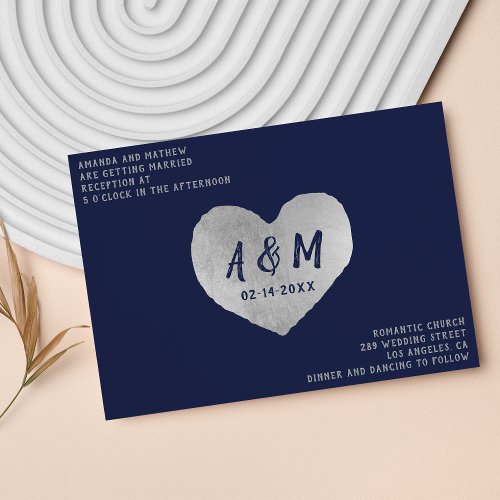 Silver heart rustic typography navy blue wedding invitation